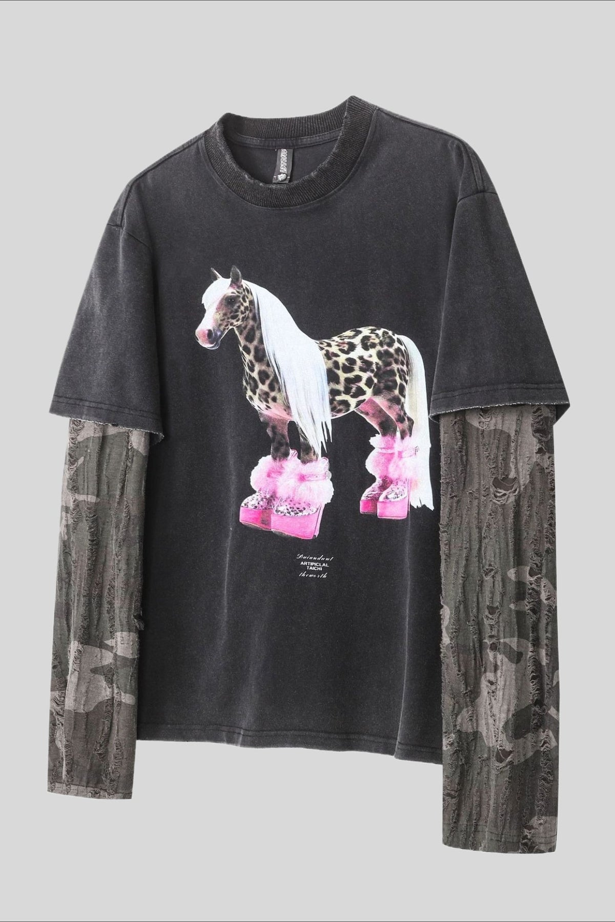 Horse Graphic Camo Layered Long Sleeve T-Shirt