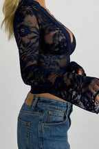 Solid V Neck Lace Bodycon Long Sleeve Tee