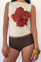 Red Hibiscus Print Cropped Tank Top