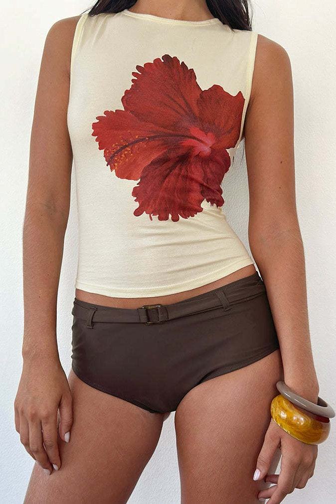 Red Hibiscus Print Cropped Tank Top