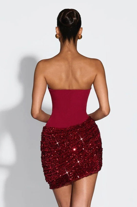 Sequin Draped Scarf Strapless Cocktail Dress