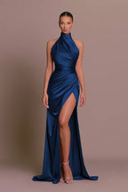 High Neck Draped Satin Slit Formal Dress