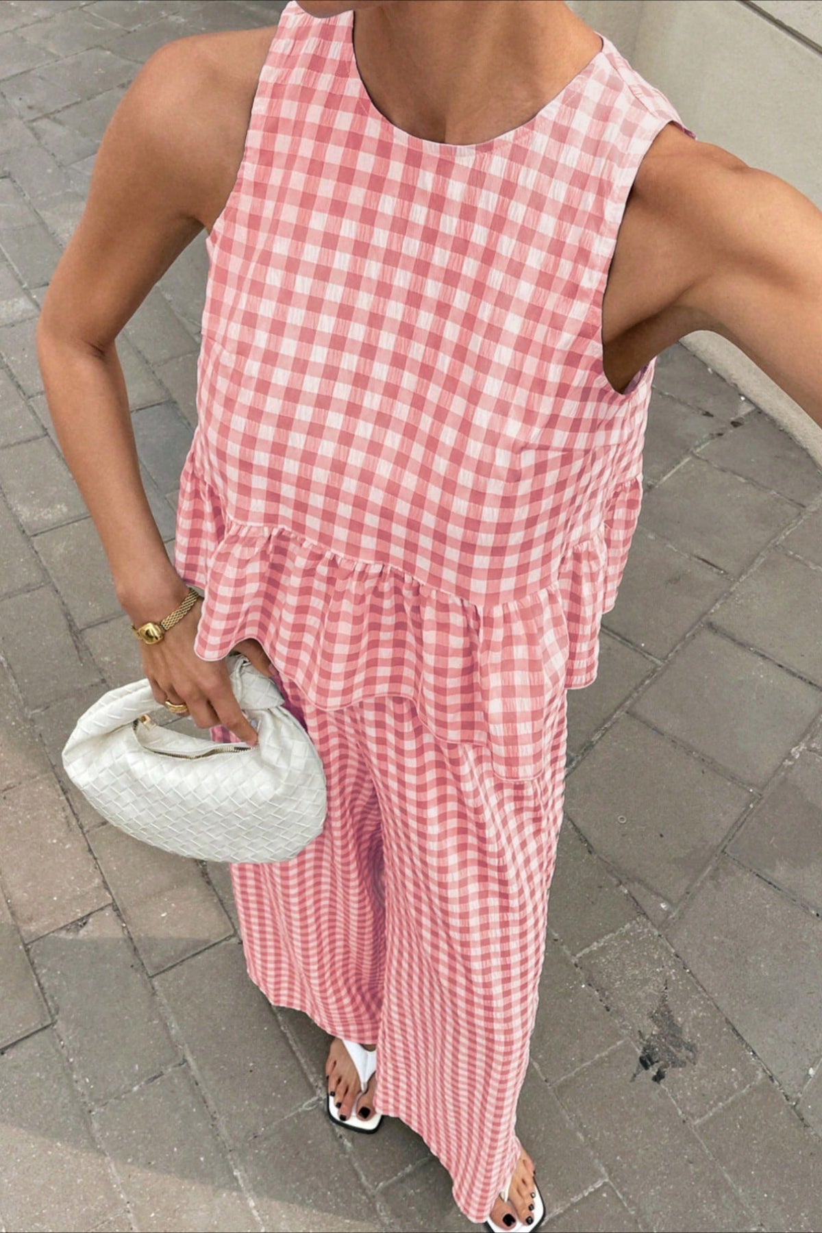 Plaid Ruffle Hem Round Neck Sleeveless Pants Set Main image