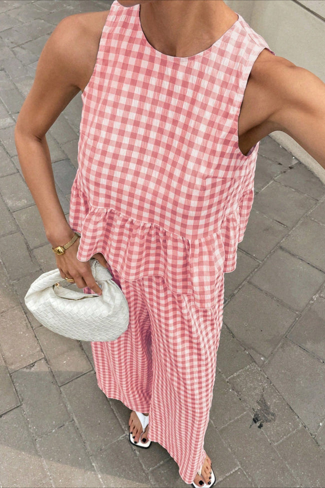 Plaid Ruffle Hem Round Neck Sleeveless Pants Set Main image