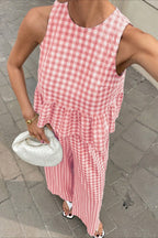 Plaid Ruffle Hem Round Neck Sleeveless Pants Set