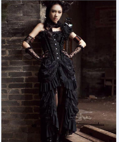 New Retro Victorian Lace-Up SteamGothic Long Ruffle Skirt