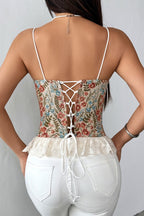 Lace Trim Patchwork Boned Corset Tank Top