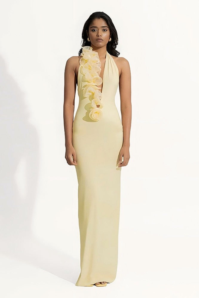 Halter Deep V Backless Bodycon Maxi Prom Dress