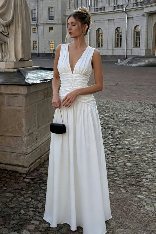 Solid Color Deep V Ruched A Line Maxi Dress Main image