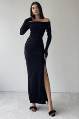 Solid Off Shoulder Bodycon Formal Dress S / Black