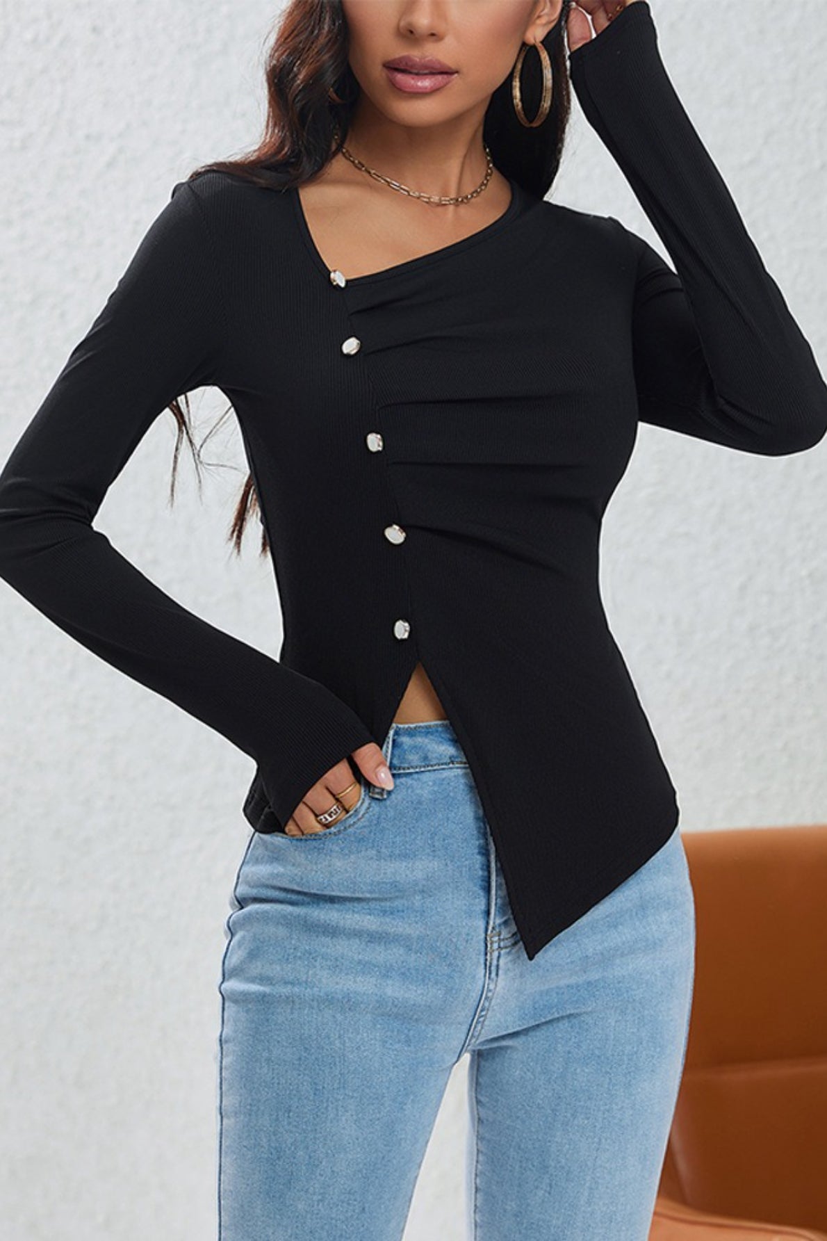 Ruched Button Detail Asymmetric Knit Top Main image
