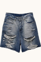 Distressed Frayed Hem Mid Length Denim Shorts