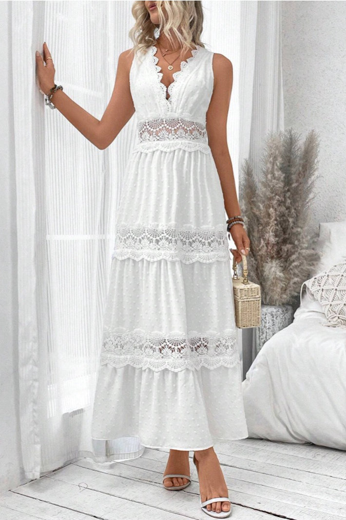 V Neck Lace Patchwork Sleeveless Boho Dress Main image