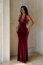 Deep V Velvet Ruched Halter Formal Dress