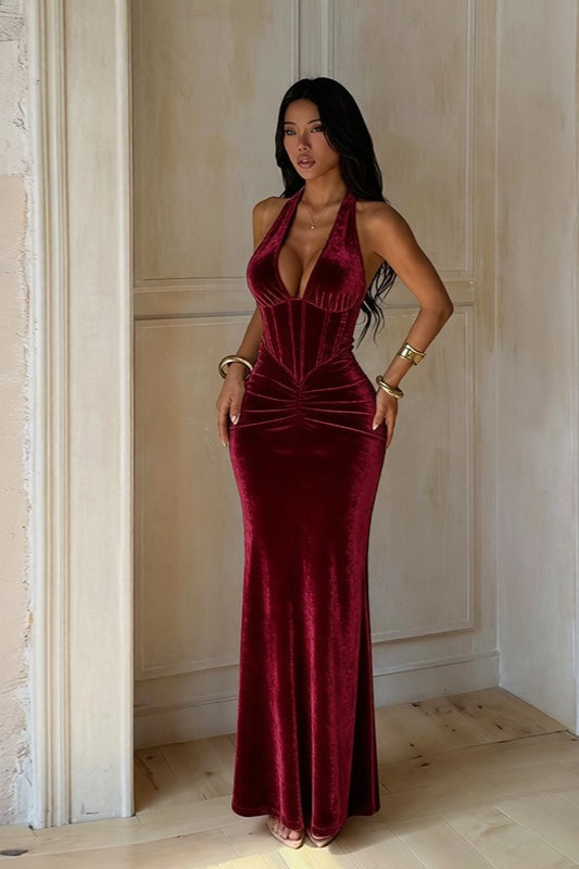 Deep V Velvet Ruched Halter Formal Dress