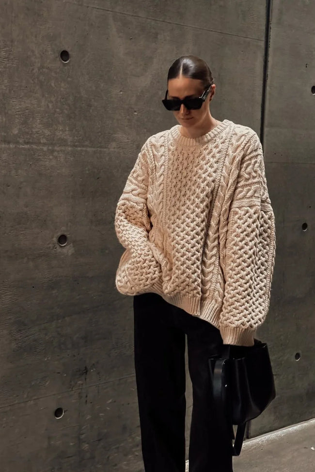 Cable Knit Loose Pullover Sweater Beige / S Main image