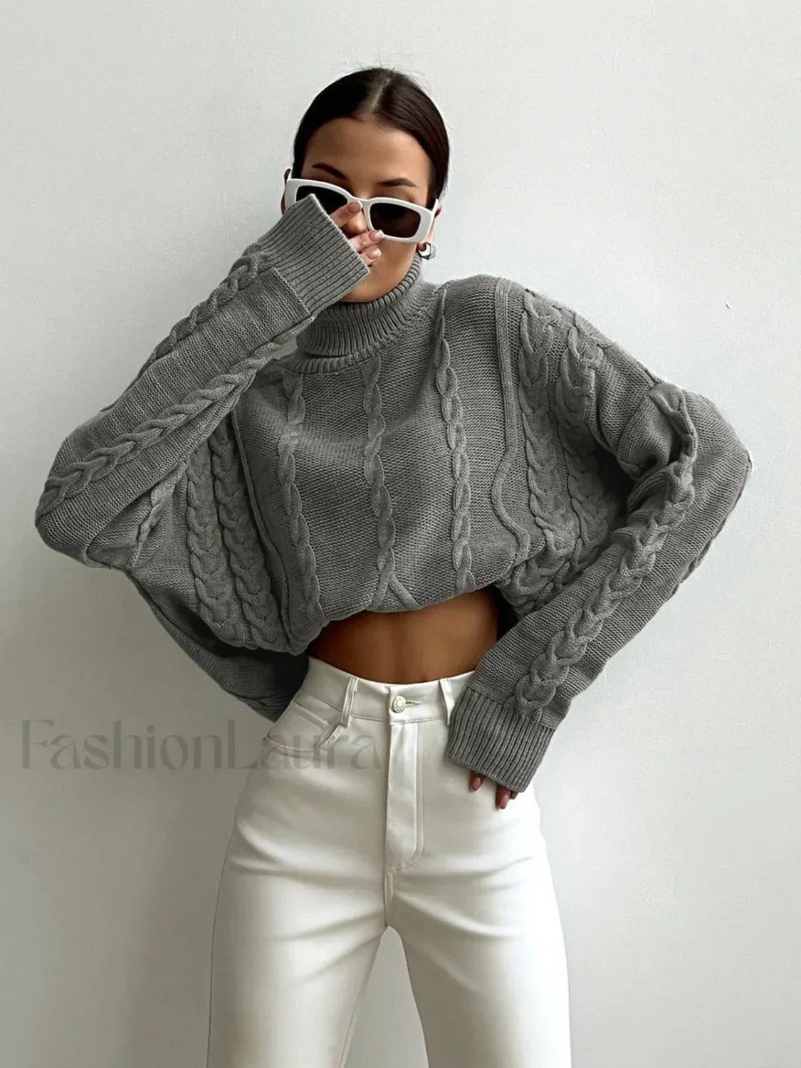 Cable Knit Turtleneck Oversized Sweater Grey / XS Sweaters Main image