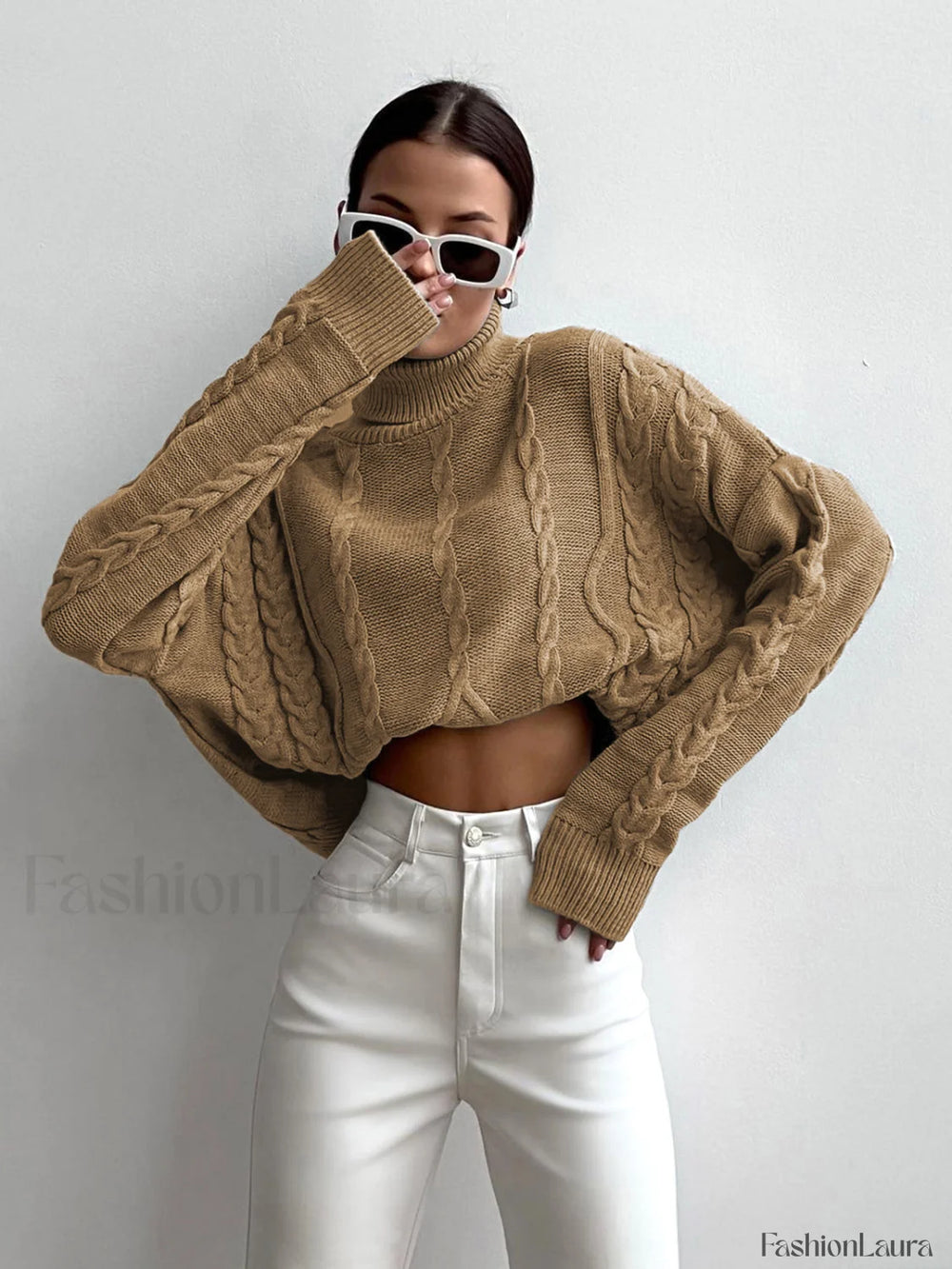 Cable Knit Turtleneck Oversized Sweater Khaki / XS Sweaters