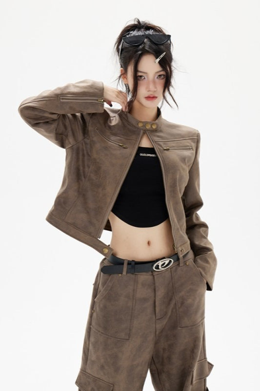 Cropped Biker Style Leather Jacket Secondary image