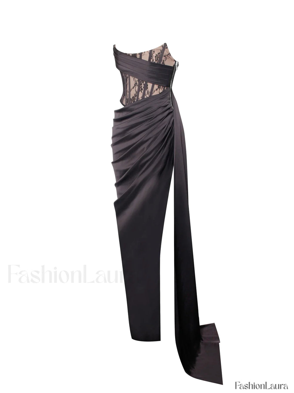 Callie Black Lace Satin Graceful Corset High Slit Gown Gowns