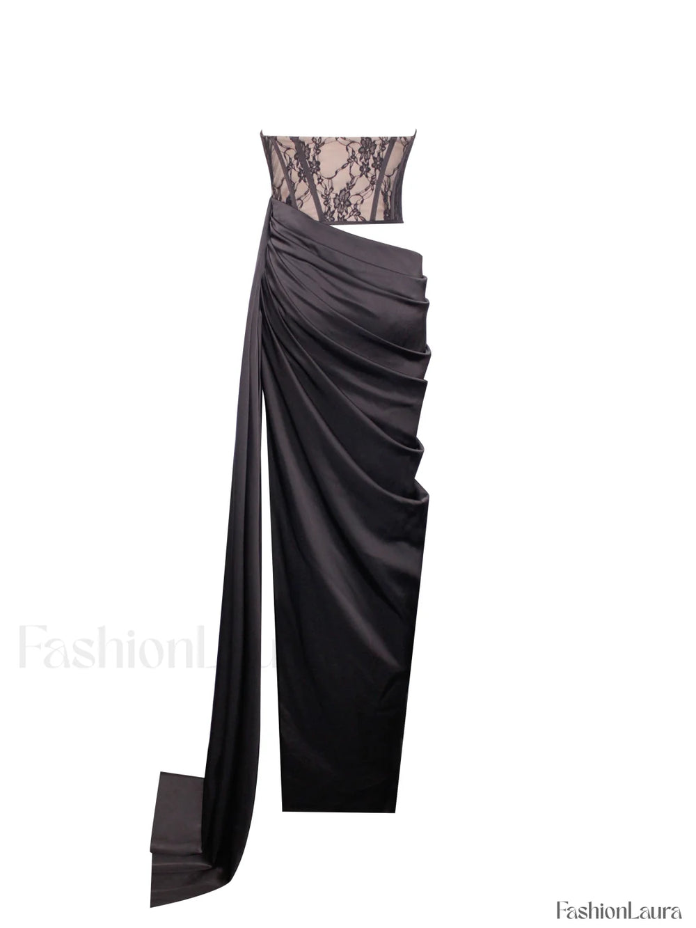 Callie Black Lace Satin Graceful Corset High Slit Gown Gowns