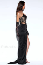 Callie Lace Satin Charming Corset High Slit Gown