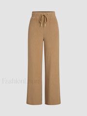 Camel Drawstring Ribbed Trendy Wide Leg Pants Camel / XS Pants