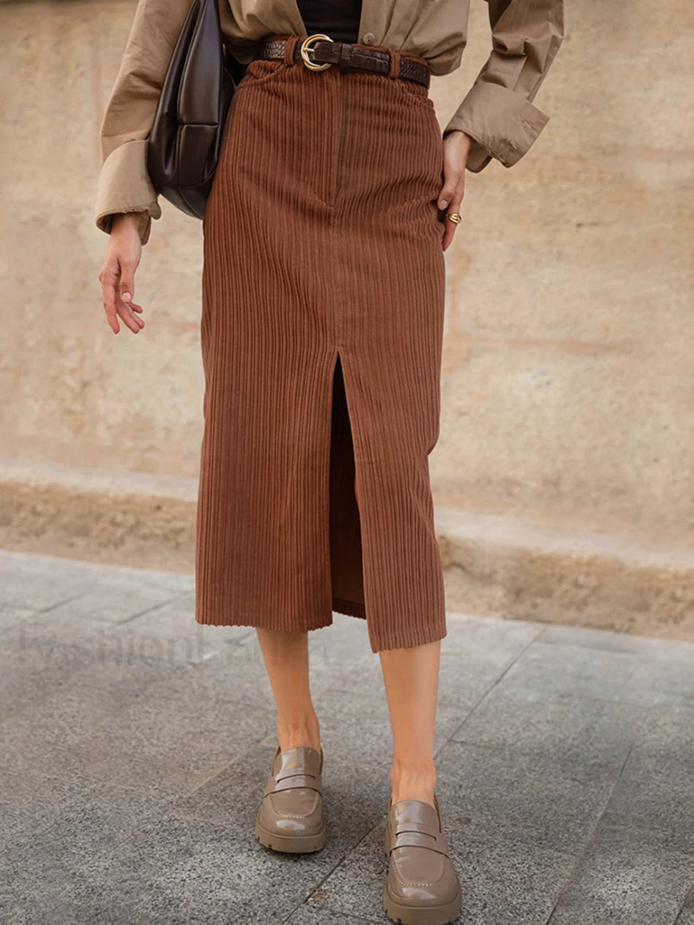 Caramel Corduroy Graceful Slit Midi Skirt Skirts