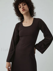 Caramel Flare Long Trendy Sleeve Knit Long Dress Knit Dresses