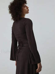 Caramel Flare Long Trendy Sleeve Knit Long Dress Knit Dresses