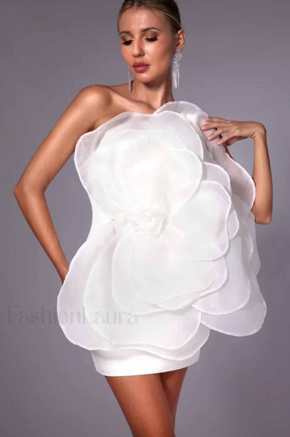 Carina One Shoulder Charming 3D Floral Dress S / White
