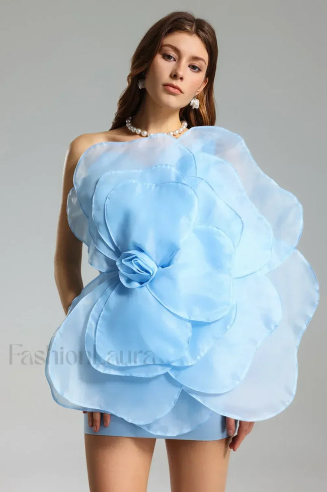 Carina One Shoulder Charming 3D Floral Dress S / Blue Main image