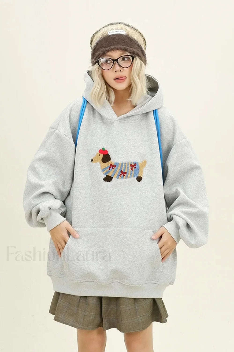 Cartoon Dog Embroidery Hooded Sweatshirt Grey / S