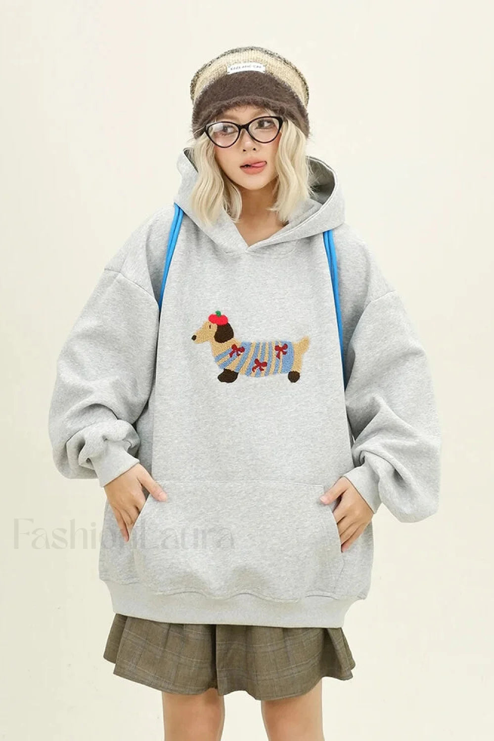 Cartoon Dog Embroidery Hooded Sweatshirt Grey / S Main image
