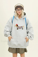Cartoon Dog Embroidery Hooded Sweatshirt Grey / S