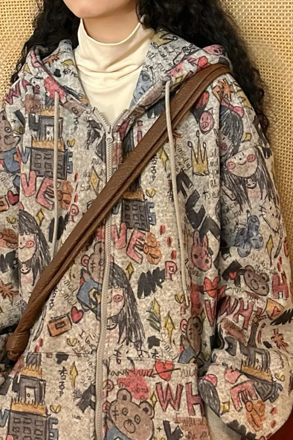 Cartoon Graffiti Full Print Zipper Hoodie Grey / M