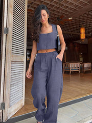 Casual Backless Crop Pants Two Piece Set