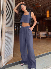 Casual Backless Crop Pants Two Piece Set