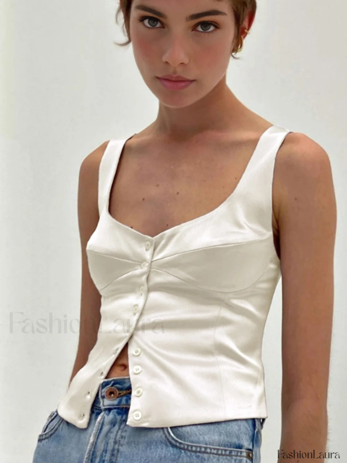 Casual Button Front Strappy Top Tank Tops & Camis