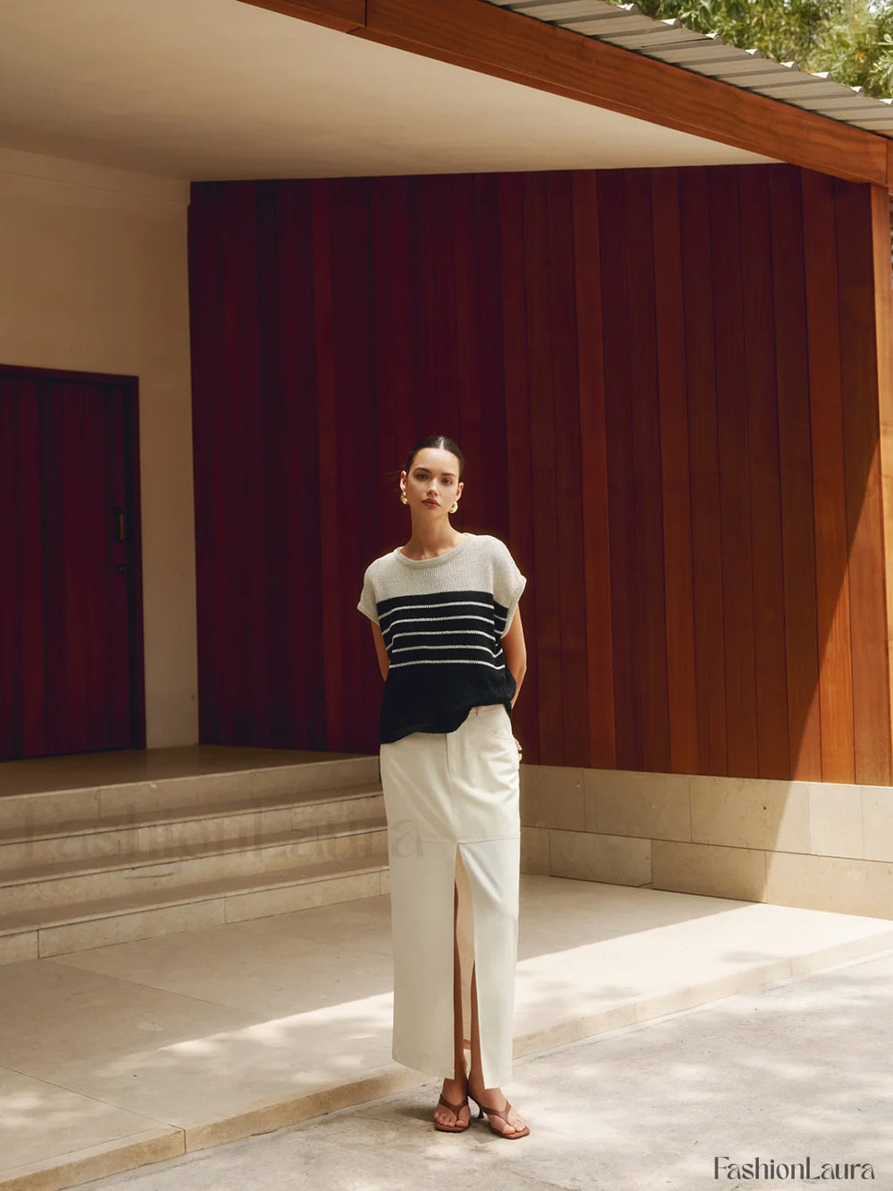 Casual Cotton Blends Trendy Striped Knit Top Sweaters L