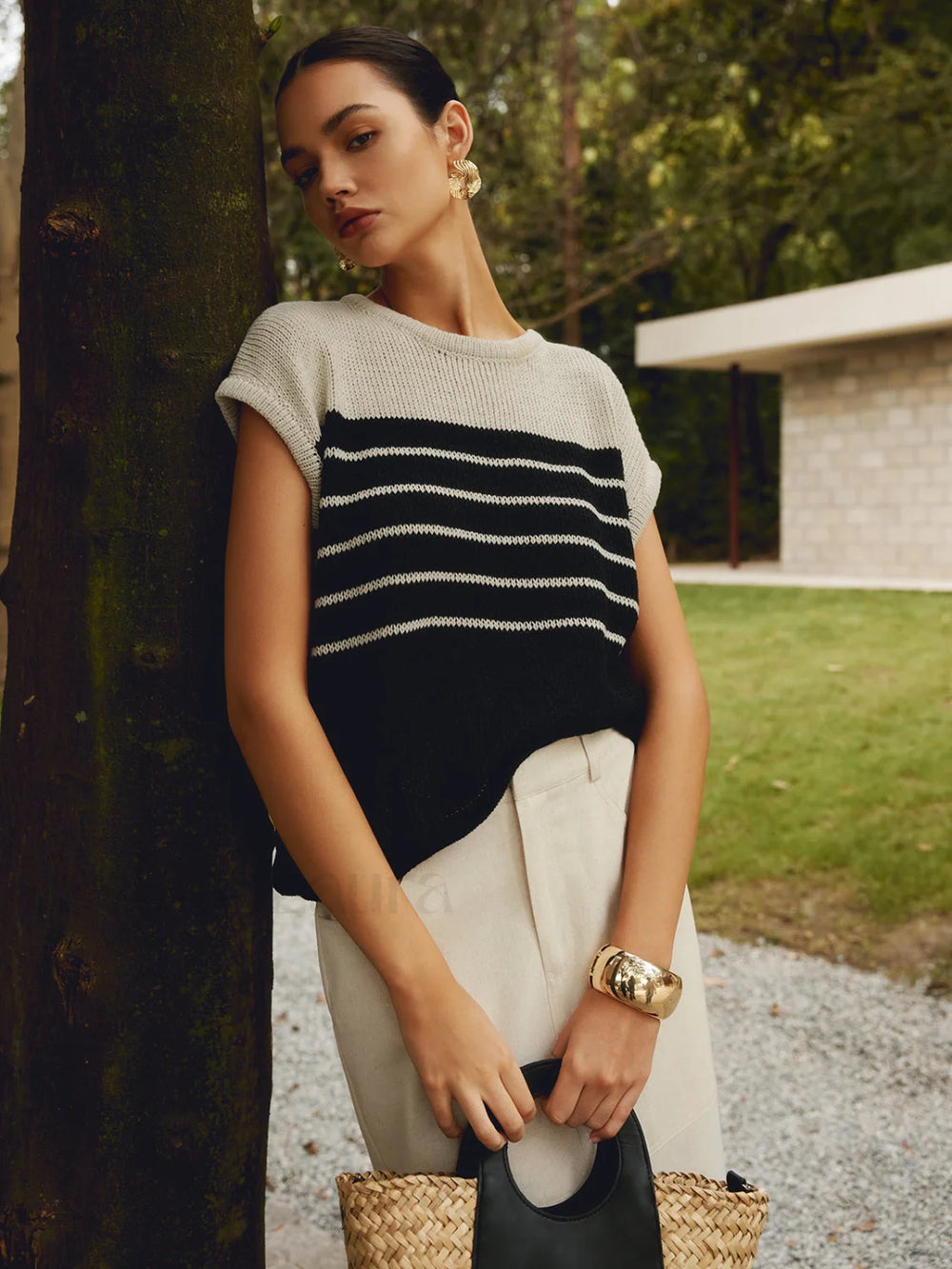 Casual Cotton Blends Trendy Striped Knit Top Sweaters L