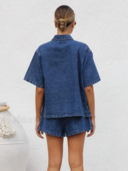 Casual Denim Shirt Pants Two Piece Set