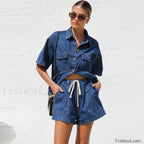 Casual Denim Shirt Pants Two Piece Set blue / S
