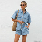 Casual Denim Shirt Pants Two Piece Set blue1 / S