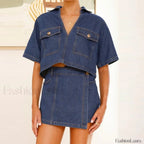 Casual Denim Shirt Pants Two Piece Set blue2 / S