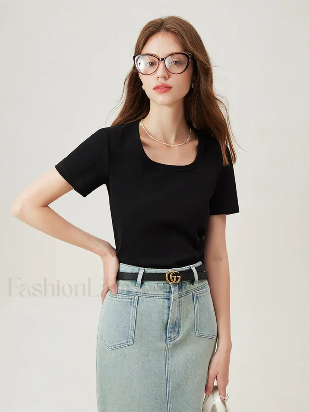 Casual Grey Cotton Elastic Neck T Shirt BLACK / XS