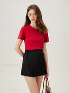 Casual Grey Cotton Elastic Neck T Shirt RED / XS