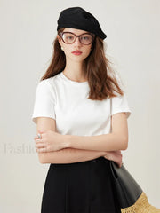 Casual Grey Cotton Elastic Neck T Shirt WHITE / XS