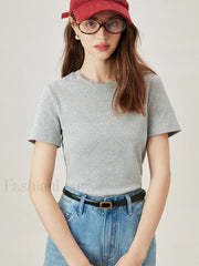 Casual Grey Cotton Elastic Neck T Shirt GREY / XS