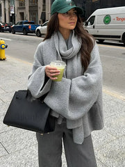 Casual Grey Cropped Oversize Women’s Scarf Collar Long Sleeve Knitted Pullover Sweater Grey / S Sweaters L